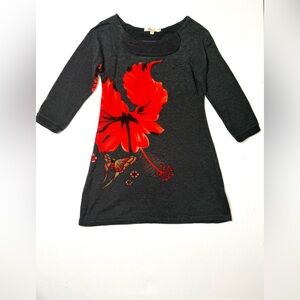 Areyh Gray & Red Hibiscus Floral Tunic Dress 3/4 Sleeve Size Small